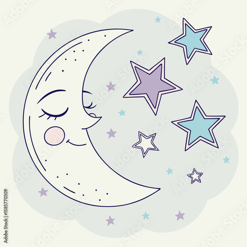 Cute cartoon moon with a smiling face and stars in a dreamy style