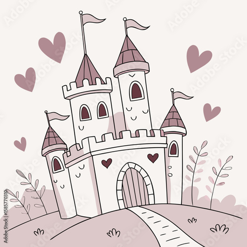 Charming cartoon castle with hearts and flags in a whimsical style