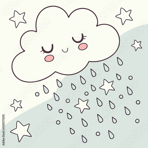 Cute cartoon cloud with a smiling face raining stars in a cheerful style