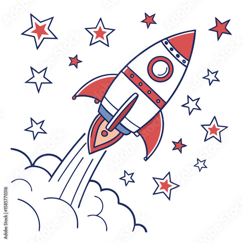 Colorful cartoon rocket launching into space with stars in a playful style