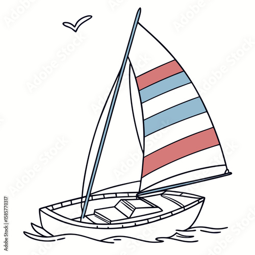 Simple cartoon sailboat with colorful sails on water in a playful style