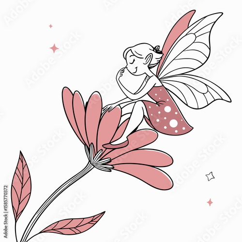 Fairy girl sitting on a pink flower with delicate wings, in a whimsical illustration style
