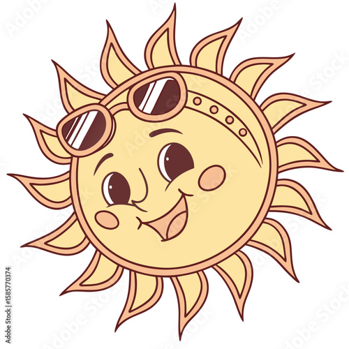Cute cartoon sun wearing sunglasses and smiling in a cheerful style