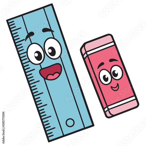 Smiling cartoon ruler and eraser with happy faces in a playful school supplies illustration