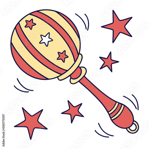 Colorful maraca with stars in a joyful illustration style for festive decorations