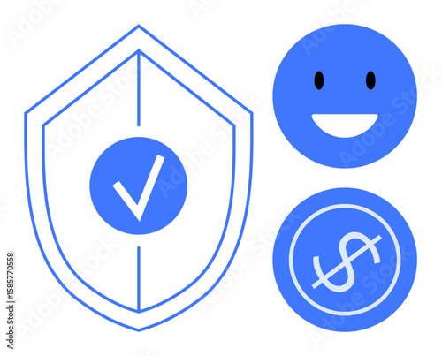Shield with checkmark, smiling face, and dollar sign communicating security, trust, happiness, and financial value. Ideal for safety, approval, finance customer satisfaction value trust success