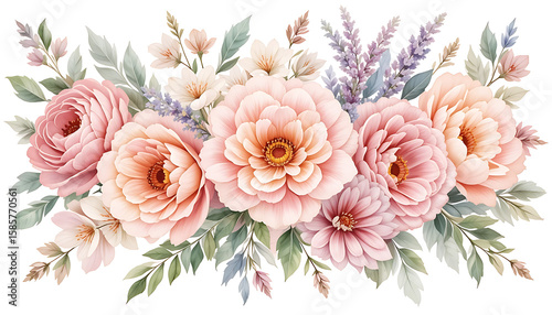 Watercolor Floral Arrangement with Pink and Peach Flowers and Green Leaves.