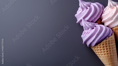 Wallpaper Mural Soft serve ice cream cones with purple and pink swirled frozen yogurt in waffle cones against dark background, corner composition for menu design and food advertising. Torontodigital.ca