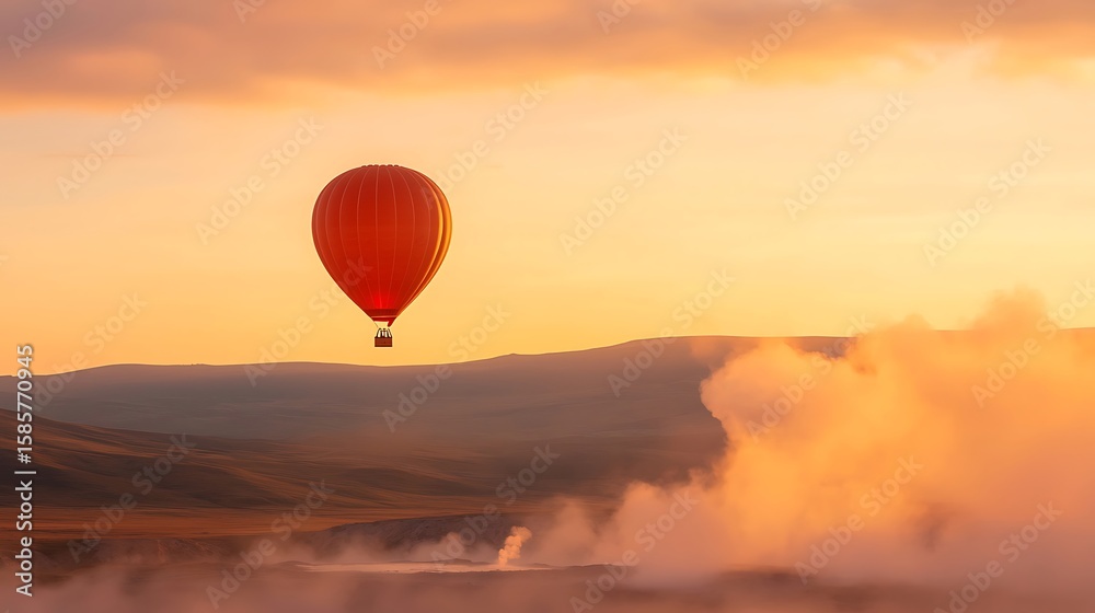 Fototapeta premium Vibrant red hot air balloon ascends over misty geothermal landscape at sunrise