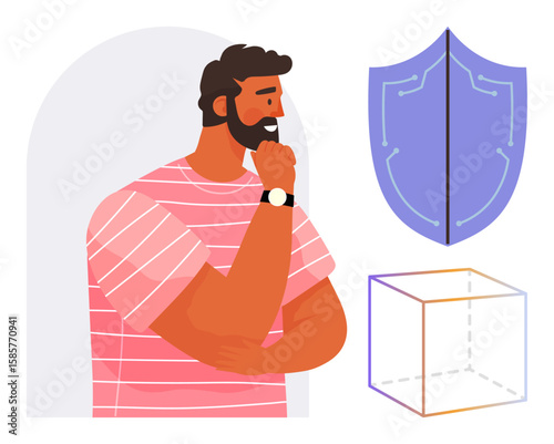 Man thinking while standing, shield symbolizing protection, alongside a transparent geometric cube. Ideal for brainstorming, decision-making, security, analysis, strategy, creativity reflection