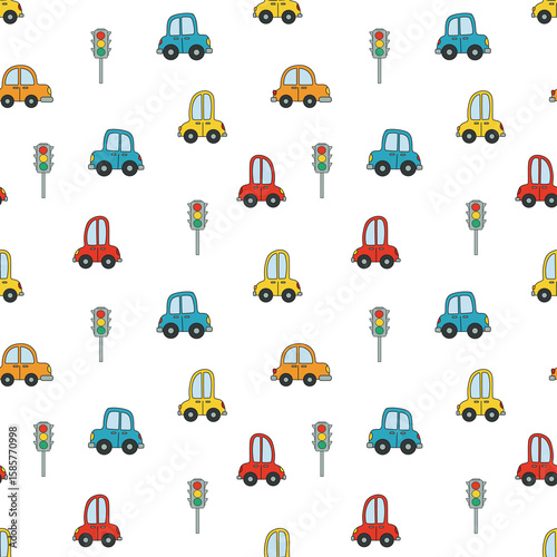 Kids pattern with cars. Cartoon cars seamless. Repeating pattern for boys. Children's cartoon background