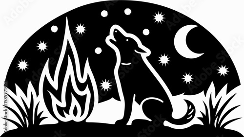 Silhouette of a howling wolf by a campfire under the moon and stars in a night scene design