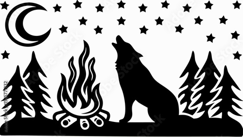 Silhouette of a howling wolf by a campfire under the moon and stars in a forest scene design