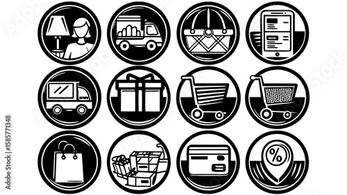Collection of simple shopping icons representing various aspects of retail and commerce, delivered in a clean and modern graphic style.