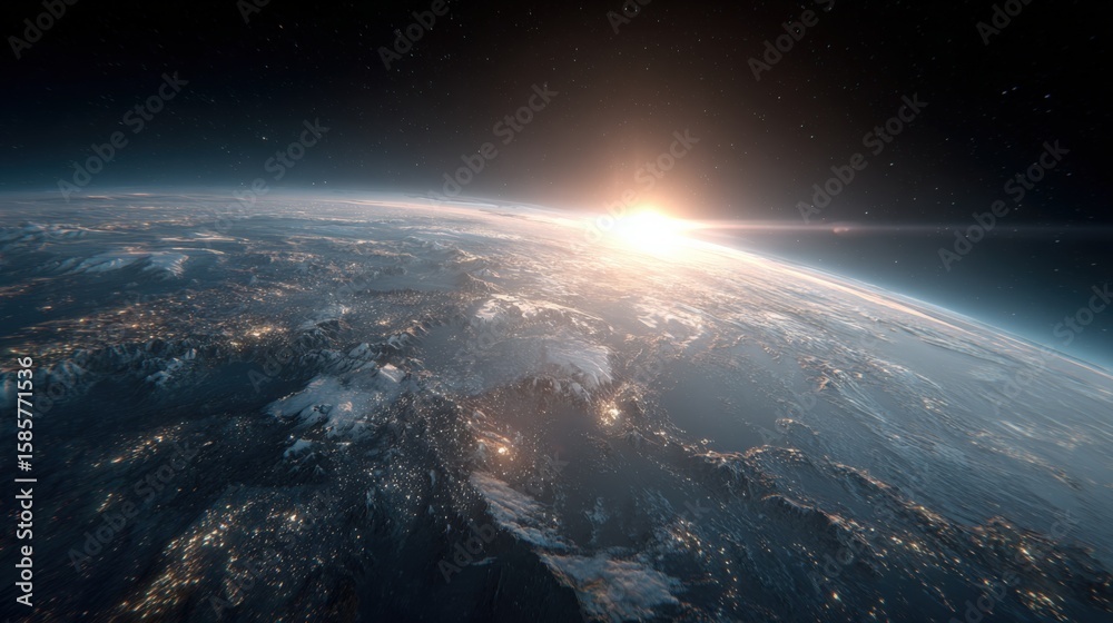 Fototapeta premium Stunning view of Earth from space with sunrise illuminating the horizon and vivid atmospheric details showcasing planet's beauty and cosmic perspective