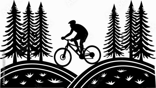 Silhouette of a cyclist riding a mountain bike on a trail with pine trees and grassy hills in black and white