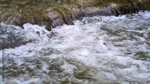 A close-up view of smooth stones partially submerged in a gently flowing stream, with water cascading over them.