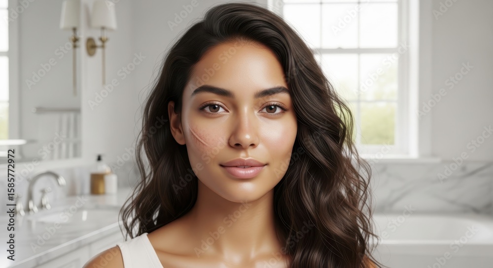 Authentic portrait of a young woman with radiant healthy skin and a subtle healed scar Authentic portrait of a young woman with radiant healthy skin and a subtle healed scar