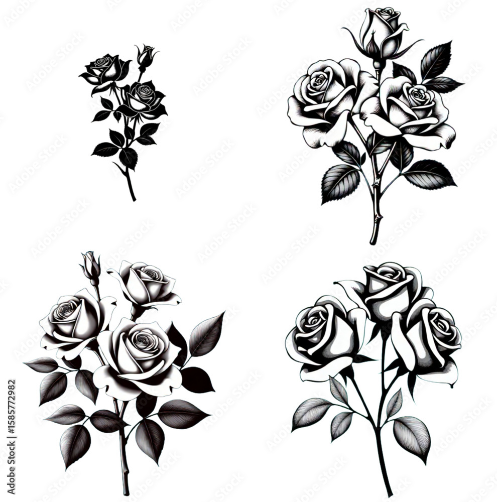 Obraz premium Rose flower illustration in black and white engraving style, vintage detailed rose bouquets and buds with leaves, classic botanical drawing on png with transparent background symbolizing love, eleganc