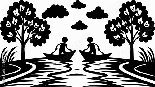 Two boats with people rowing on a river with trees and grass on the banks and clouds in the sky above them silhouette