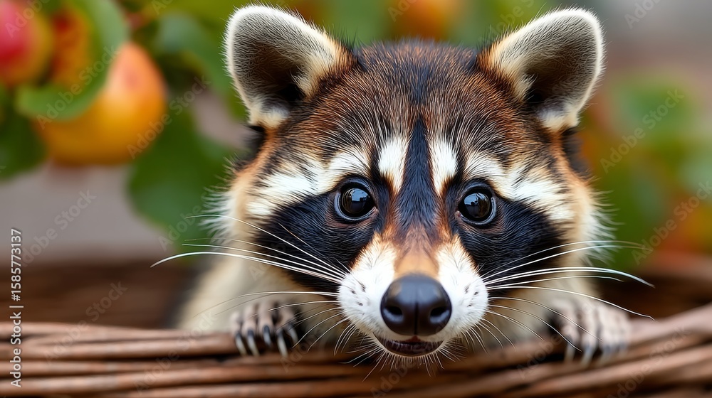 Obraz premium Raccoon with a black nose and brown and white fur is looking at the camera. The raccoon is in a basket with apples