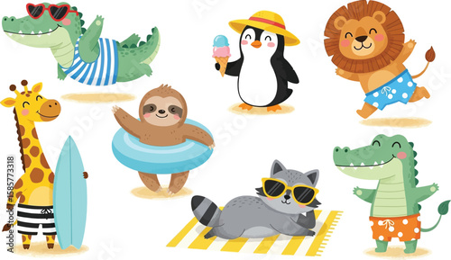 Summer fun with cartoon animals wearing swimwear and sunglasses