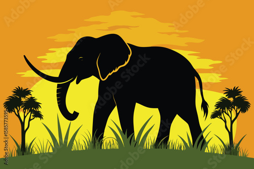 A large African elephant with huge tusks and a baby elephant graze in the wild Kenyan park at sunset