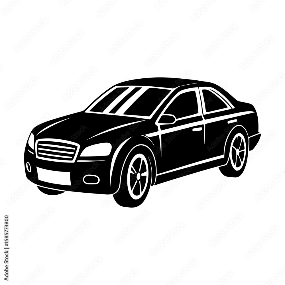 Fototapeta premium Illustration of a black sedan car with detailed wheels and headlights