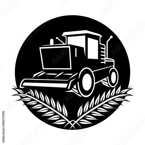 Illustration of a combine harvester within a black circle and wheat stalks