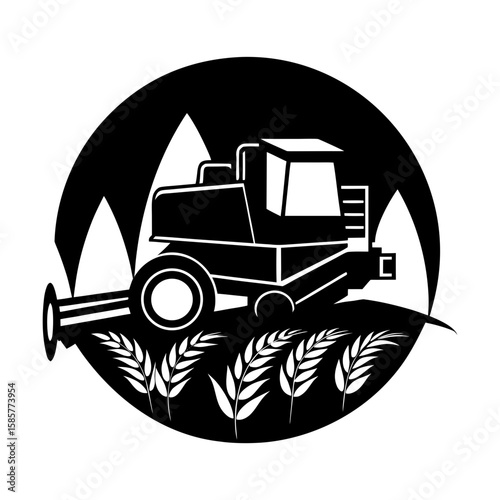 Black and white combine harvester in a field with mountain backdrop art