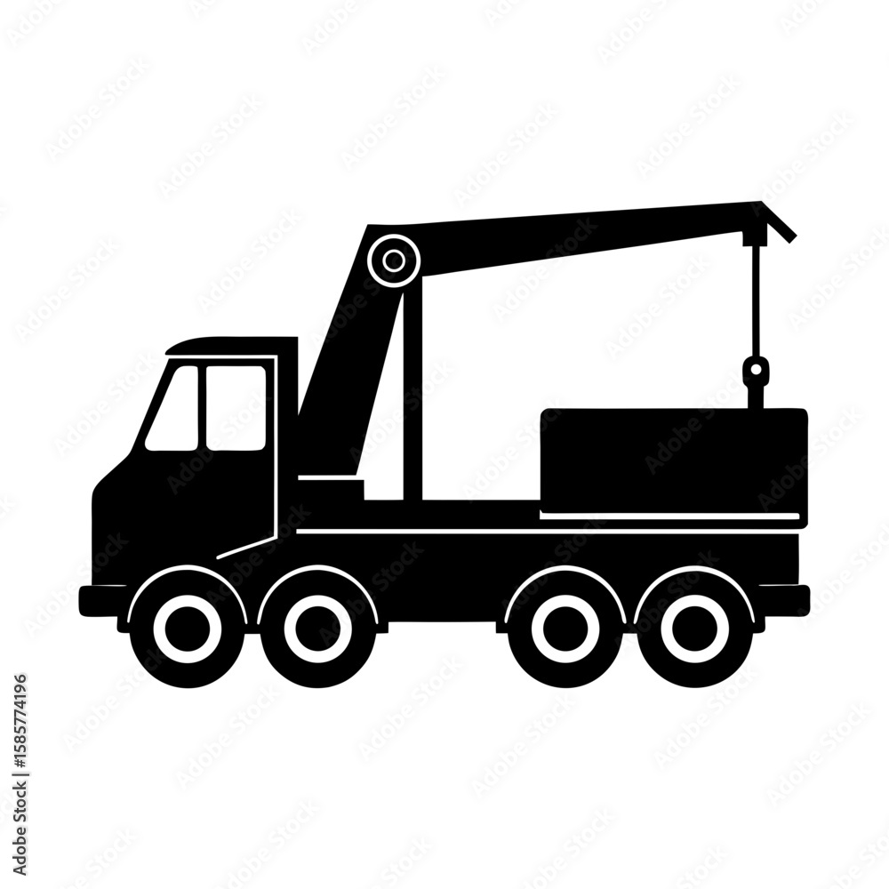 Silhouette of a crane truck with a boom and six wheels in black color Silhouette of a crane truck with a boom and six wheels in black color