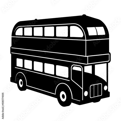 Illustration of a black and white double decker bus with many windows