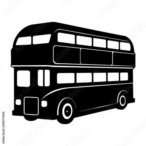 Illustration of a black double decker bus with white windows and wheels