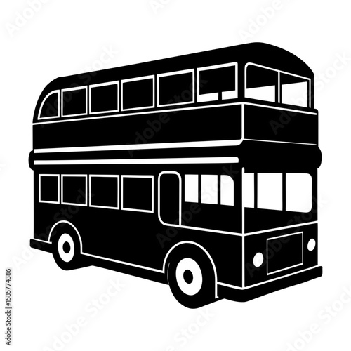 Illustration of a black and white double decker bus with many windows