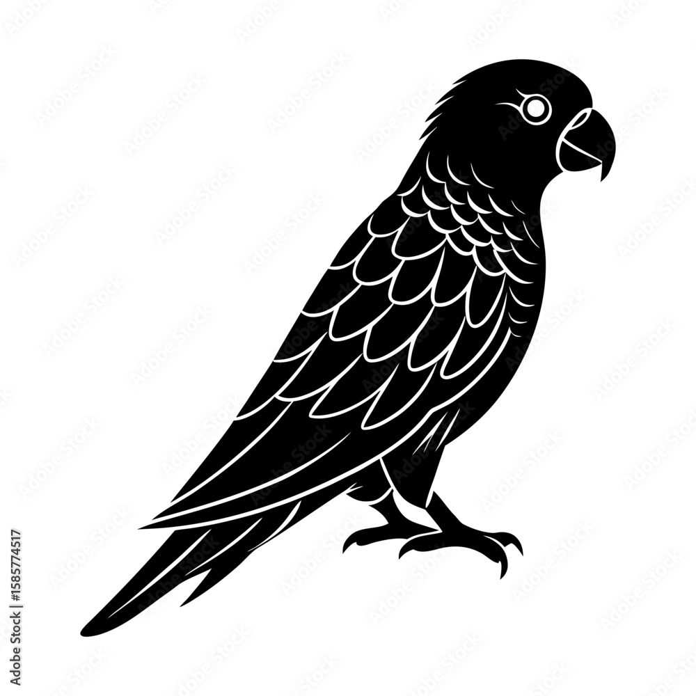 Fototapeta premium Silhouette illustration of a standing lorikeet bird with detailed wings