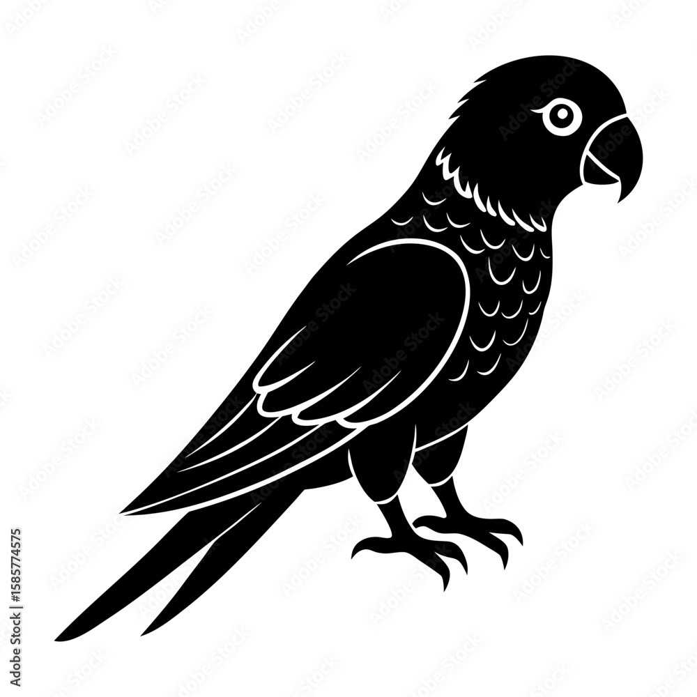 Fototapeta premium Silhouette of a black parrot with detailed feathers and a curved beak