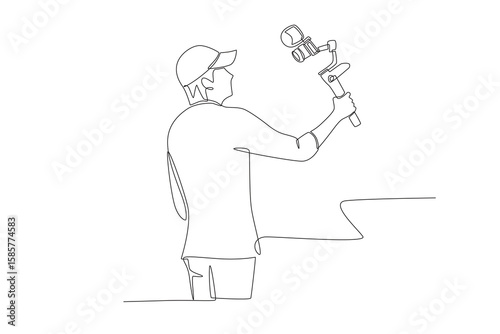Man makes blog while traveling. Travel bloggers concept one-line drawing