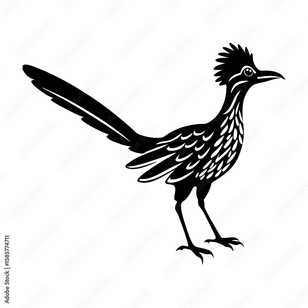 Obraz premium A black silhouette of a roadrunner bird standing on its two feet side view