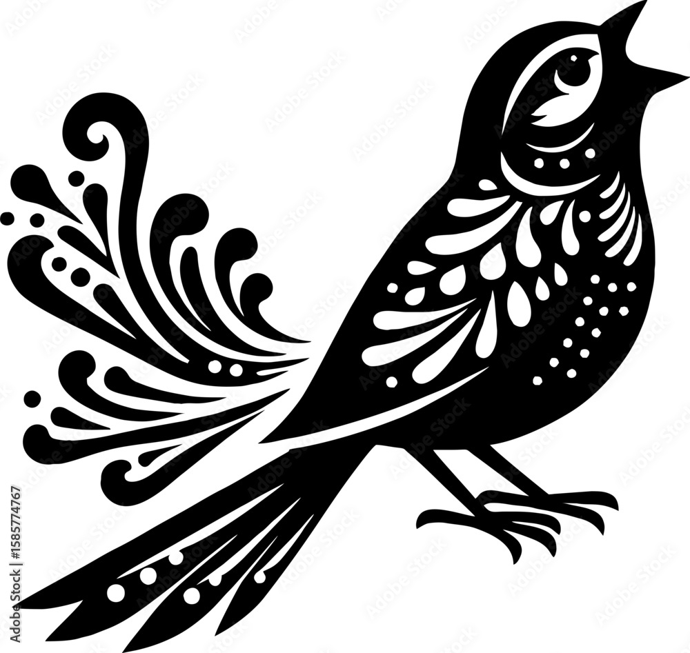 Obraz premium Mexican-Style Sparrow Silhouette in Flight with Aztec Feather Patterns