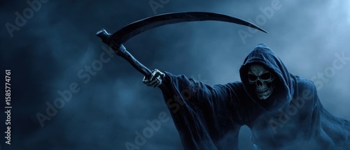 The grim reaper with a scythe in a dark, eerie atmosphere.