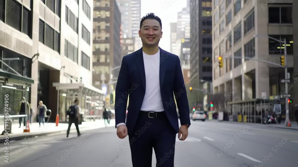 Confident successful Asian businessman in a suit walks towards the camera on a modern city street Confident successful Asian businessman in a suit walks towards the camera on a modern city street