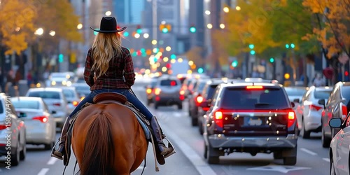 Female cowboy in western country clothes riding horseback in city traffic