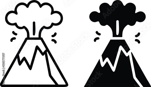 Volcano Eruption Icon Set in Black and White Vector Illustration