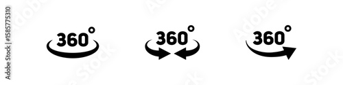 360 degree view. Full 360 view tour. Camera rotation icon vector set. Full round rotation of camera icons.