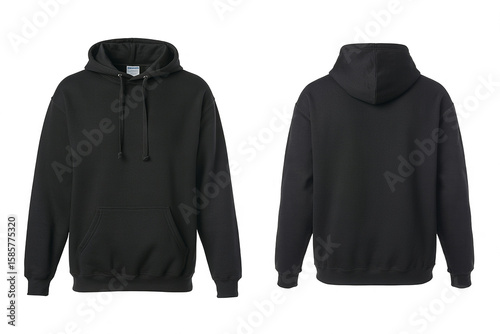 Black Hooded Sweatshirt with Kangaroo Pocket and Drawstrings Front and Back Views