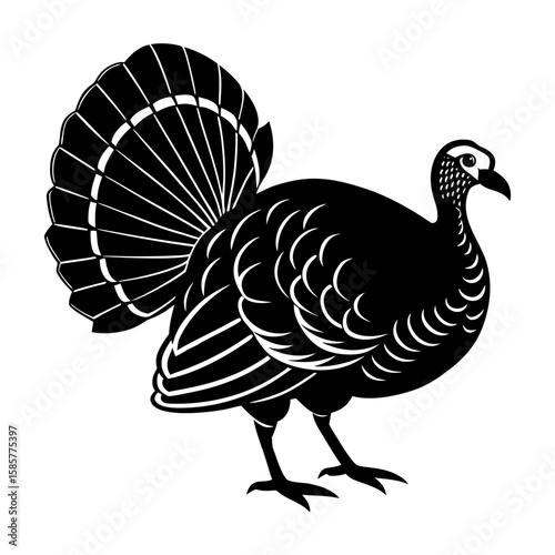 Illustration of a black turkey with detailed feathers and white accents