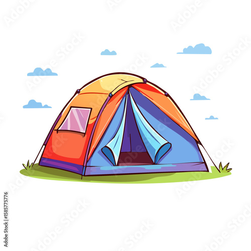 Colorful cartoon camping tent perfect for outdoor, camping, adventure, childrens book, and recreational design projects. Bright, fun illustration.