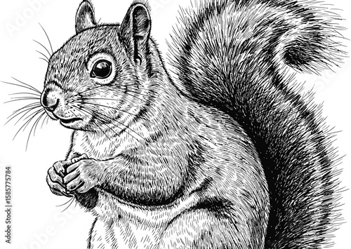 Intricate drawing captures a charming squirrel with a bushy tail