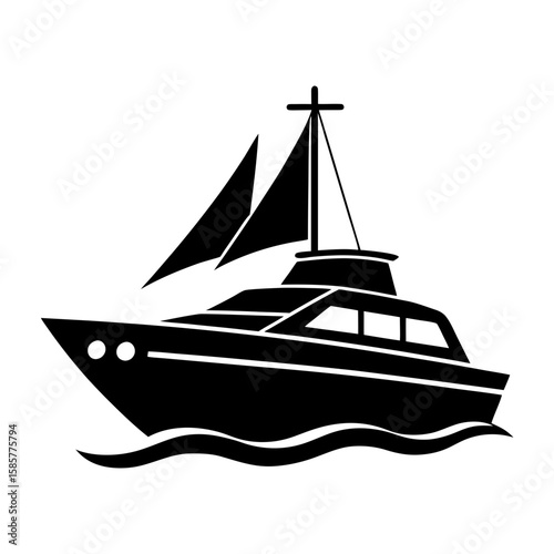 Illustration of a black silhouette sailboat with sails on wavy water