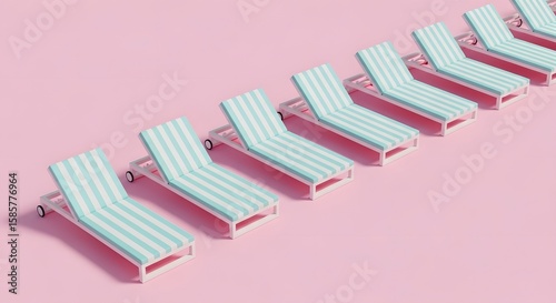 Row of Pink and Blue Striped Sun Loungers on Pink Background for Beach Resort or Poolside Relaxation